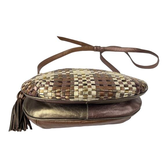 Sharif Metallic Gold Woven LEATHER HANDBAG Plaid Shoulder Crossbody Bag Tassel - Picture 5 of 13